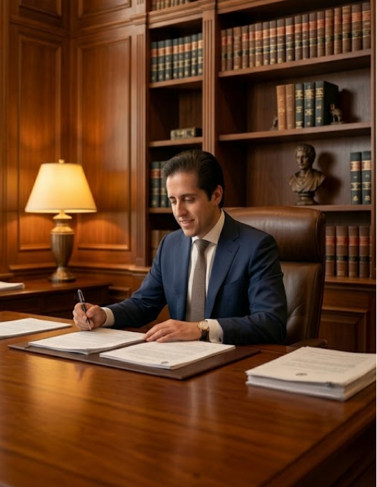Abogado preparando documentación legal en su despacho